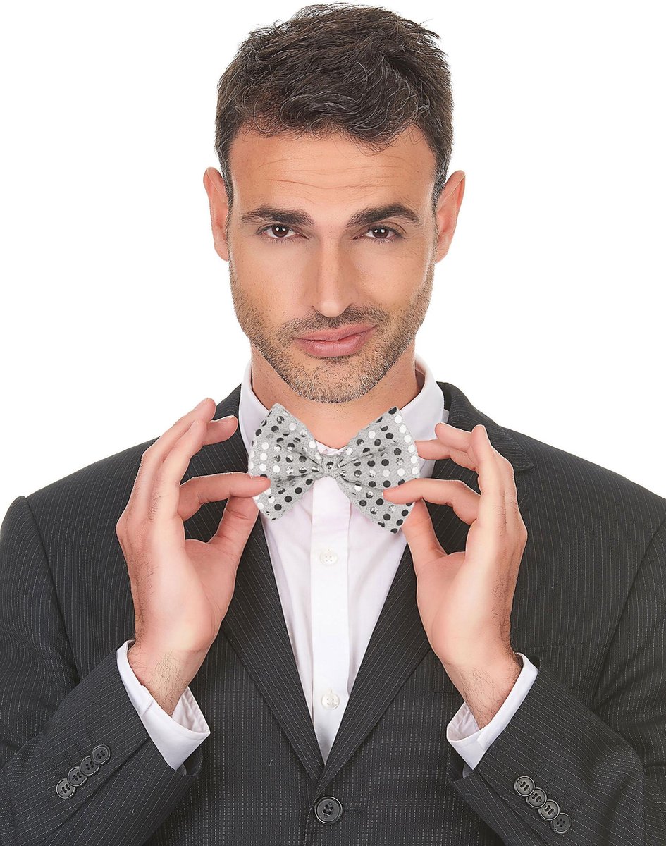 Elite - Zilverkleurige vlinderdas met stippen voor volwassenen - Accessoires > Strikken